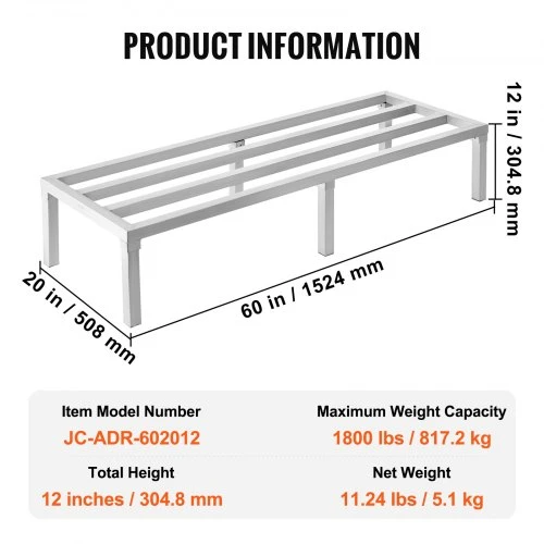 Koduva VEVOR aliuminio dunnage stelažas, 60 x 20 col. komercinis maisto grindų stelažas