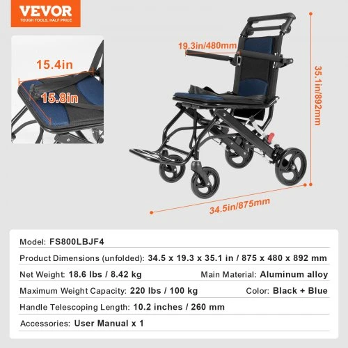 VEVOR Aliuminio lydinio transportavimo vežimėlis, sulankstomas, 40 cm sėdynė
