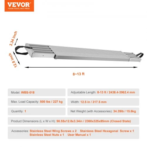 VEVOR Aliuminio teleskopinė darbo lenta 8–13 ft / 2,4–4 m, 500 lb / 226,8kg, pastolių lenta