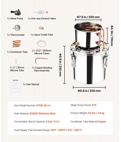 VEVOR Alkoholio distiliatorius, 3 gal / 11,4 l, nerūdijančio plieno, su variniu vamzdeliu, termometru ir siurbliu