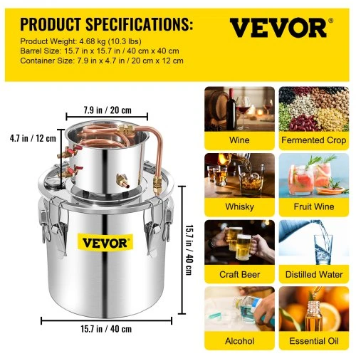 VEVOR Alkoholio distiliavimo aparatas, 50 l nerūdijančio plieno su kondensatoriumi ir įmontuotu termometru
