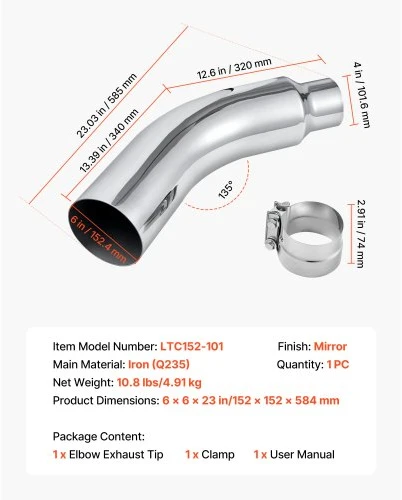 VEVOR Alkūninis išmetimo antgalis, 101,6 mm įvadas, 152,4 mm išvadas, 584 mm ilgis, chromuotas