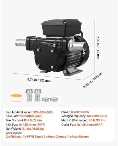 VEVOR Alyvos perkėlimo siurblys 230V, 16 GPM 60 L/min, AC elektrinis kuro siurblys dyzelinui, žibalui ir biodyzelinui