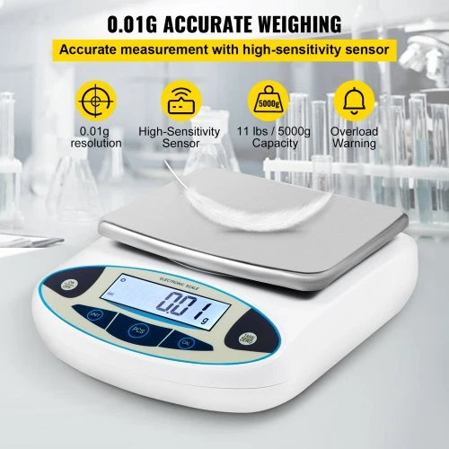 Koduva VEVOR analitinės svarstyklės, 5000 g x 0,01 g, LCD ekranas