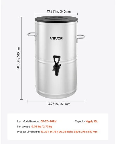 VEVOR Arbatos ir gėrimų dozatorius, 15 l, 304 nerūdijantis plienas, su čiaupu ir rankena