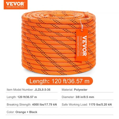 VEVOR Arboristo laipiojimo virvė, dvigubas poliesterio pynimas, 9,5 mm x 36,6 m, 48 gijų