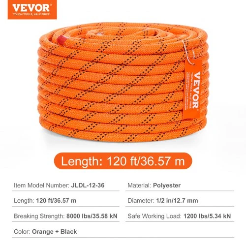 VEVOR Arboristų medžių laipiojimo virvė, dvigubo pynimo poliesteris, 1/2"/1,3 cm x 120'/36,6 m, 48 vijų
