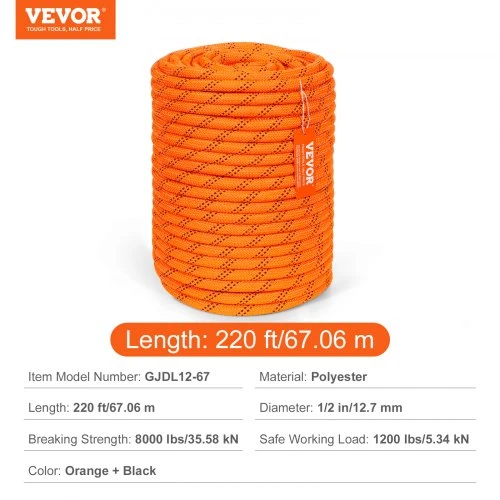 VEVOR Arboristų medžių laipiojimo lynas, dvigubas pynimas, poliesteris, 1/2" / 1,3 cm x 220' / 67,1 m, 48 vijų