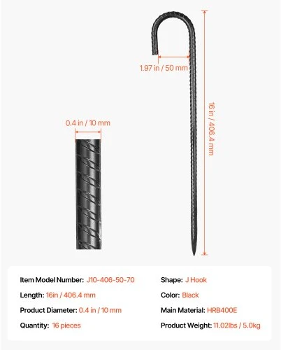 Koduva VEVOR armatūros kuolai su J formos kabliu, 406,4 mm, 16 vnt.