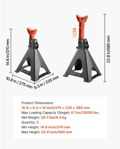 VEVOR Atramos domkratui, 6 t, 370–580 mm, su dvigubu fiksavimu, 1 pora, juoda ir oranžinė