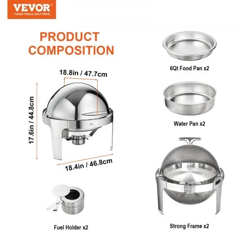 VEVOR Atverčiamas „chafing dish“ komplektas, 6 qt, 2 vnt., nerūdijančio plieno