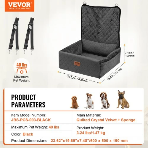 VEVOR Augintinio automobilinė kėdutė šunims, juoda, 60 x 50 x 19 cm, iki 18 kg
