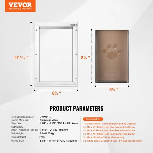 Koduva VEVOR augintinio durelės, aliuminio rėmas su užraktu ir sklendės sistema, 8,27" x 11,93", Small, baltos