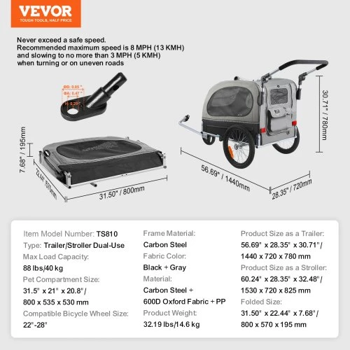 VEVOR Augintinio dviračio priekaba ir vežimėlis TS810, juoda/pilka, iki 40 kg