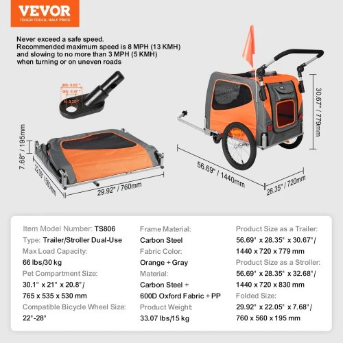 Koduva VEVOR augintinio dviračio priekaba-vežimėlis TS806, plienas, oranžinė/pilka, iki 30 kg