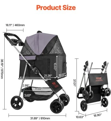 VEVOR Augintinio vežimėlis, 16 kg, sulankstomas, 4 ratų, su nuimamu nešiokliu ir tinkleliniais langais