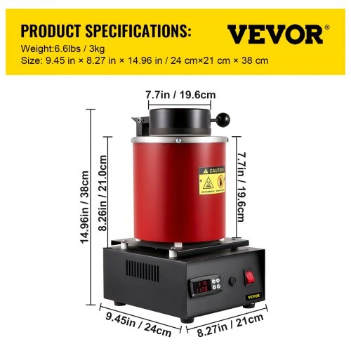Koduva VEVOR aukso lydymo krosnis, 1350 W, 1150 ℃, skaitmeninė elektrinė, su 3kg keraminiu tigliu, liejinio forma ir pirštinėmis
