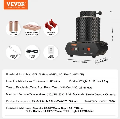 VEVOR Aukso lydymo krosnis, 1350 W, iki 1150 °C, skaitmeninė elektrinė