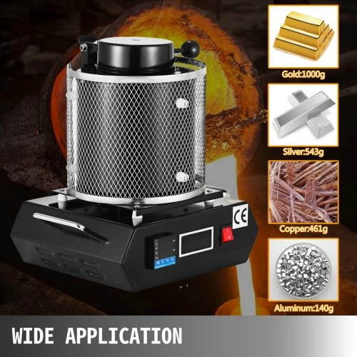 VEVOR Aukso lydymo krosnis, 1350 W, iki 1150 ℃, skaitmeninė elektrinė, su 1kg keraminiu tigliu