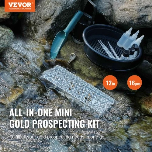 VEVOR Aukso plovimo rinkinys su mini sluice dėže, 12" aliumininė aukso gavybos įranga, 16 dalių