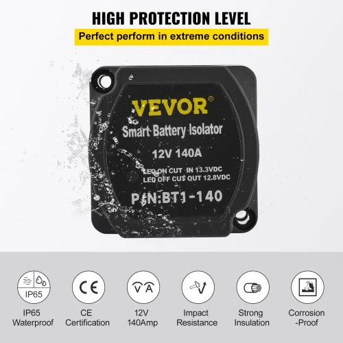 VEVOR Automatinis dviejų akumuliatorių atjungimo relės rinkinys, 12 V, 140 A, 2 m