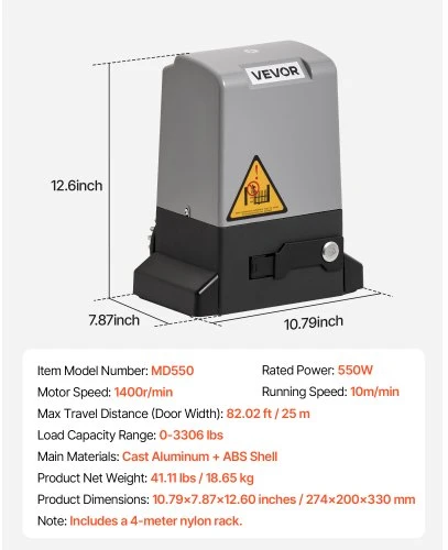 VEVOR Automatinis vartų atidarytuvas MD550, 550 W, iki 25 m, iki 1500 kg