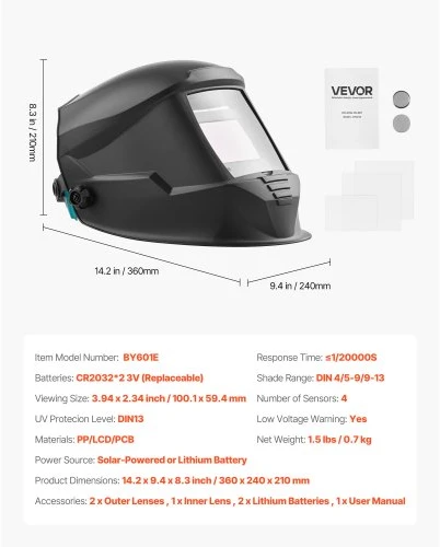 VEVOR Automatiškai tamsėjantis suvirinimo šalmas METIS, 100 x 59,4 mm, 4 jutikliai, DIN 4/5-9/9-13