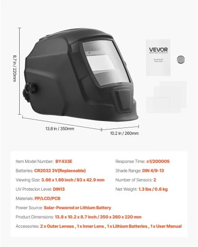 VEVOR Automatiškai tamsėjantis suvirinimo šalmas CRIUS, 93 x 43 mm, DIN 4/9-13, matinė juoda