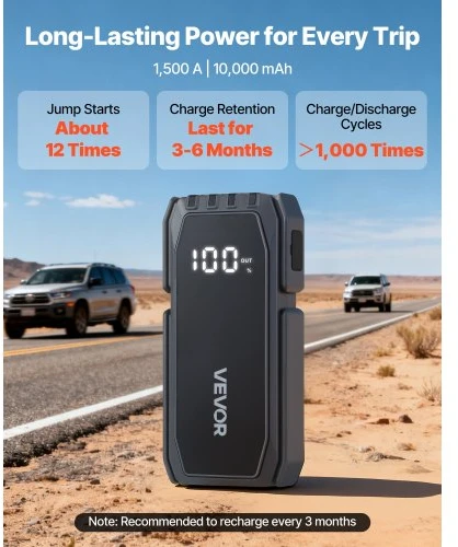 Koduva VEVOR automobilinis jump starteris, 1500 A pikinė srovė, 12 V, iki 6 l benzinui / 4 l dyzeliui
