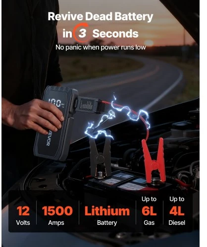Koduva VEVOR automobilinis jump starteris, 1500 A pikinė srovė, 12 V, iki 6 l benzinui / 4 l dyzeliui
