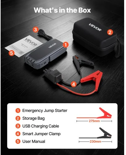 Koduva VEVOR automobilinis jump starteris, 1500 A pikinė srovė, 12 V, iki 6 l benzinui / 4 l dyzeliui