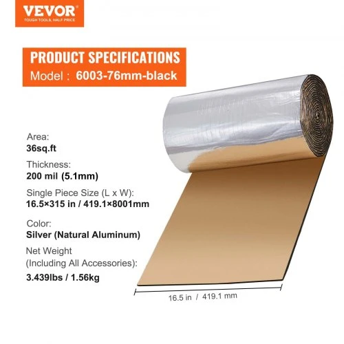 VEVOR Automobilio garso izoliacinis kilimėlis, 200 mil, 3,3 m², šilumos barjeras