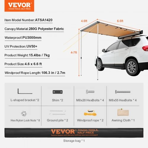 Koduva VEVOR automobilio šoninė markizė, 4,6 x 6,6 pėdų, UV50+, PU3000 mm, ištraukiama