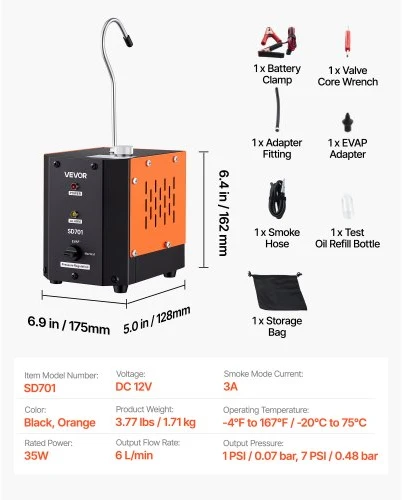 VEVOR Automobilių dūmų mašina nuotėkio detektorius SD701, DC 12V, juoda, oranžinė