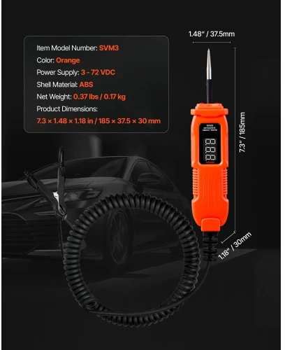 VEVOR Automobilių grandinės testeris, 3–72 V DC, su LED ekranu ir apšvietimu, 3,5 m kabelis