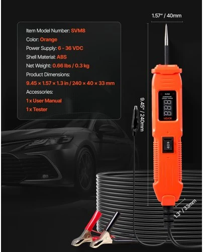 VEVOR Automobilių grandinės testeris, 6–36 DCV, su LED ekranu ir apšvietimu, 13 ft / 4 m kabelis, ABS korpusas