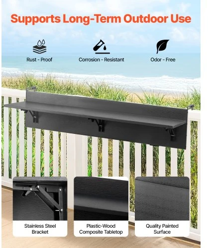 VEVOR Balkono pakabinamas staliukas, 12 x 48 col. sulankstomas turėklų stalas, 50 lb, tinka 1"–4,3" turėklams