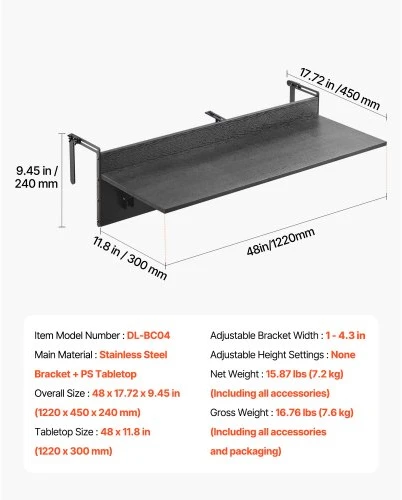 VEVOR Balkono pakabinamas staliukas, 12 x 48 col. sulankstomas turėklų stalas, 50 lb, tinka 1"–4,3" turėklams