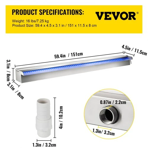 Koduva VEVOR baseino krioklio latakas 151x11,5x8 cm, nerūdijančio plieno, su spalvota LED juosta, nuotolinio valdymo pultu