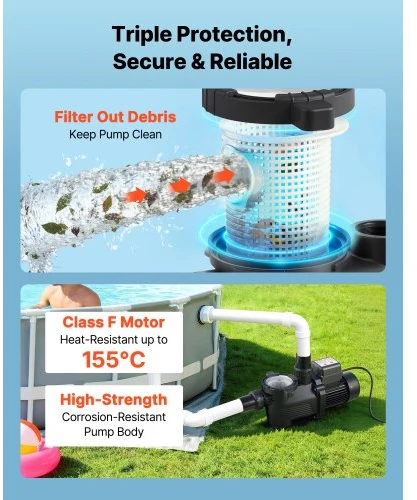 Koduva VEVOR baseino siurblys, 550 W, 14 000 l/val., vieno greičio, su 24 val. laikmačiu