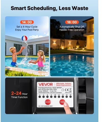 Koduva VEVOR baseino siurblys, 550 W, 14 000 l/val., vieno greičio, su 24 val. laikmačiu