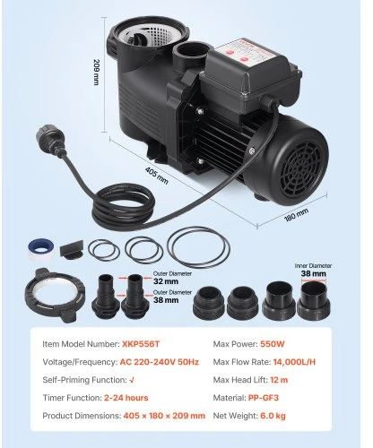 Koduva VEVOR baseino siurblys, 550 W, 14 000 l/val., vieno greičio, su 24 val. laikmačiu