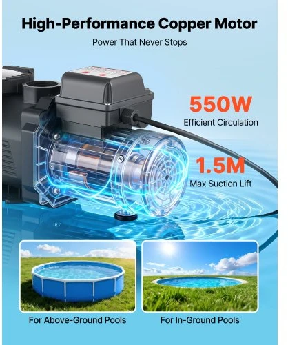 Koduva VEVOR baseino siurblys, 550 W, 14 000 l/val., vieno greičio, su 24 val. laikmačiu