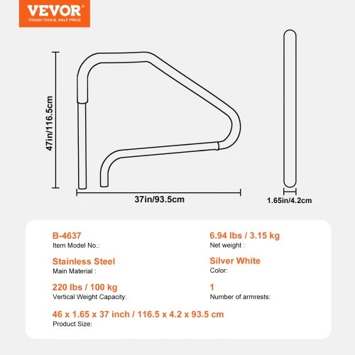 Koduva VEVOR baseino turėklas 46 x 37 col., nerūdijančio plieno, su mėlynu rankenos užvalkalu