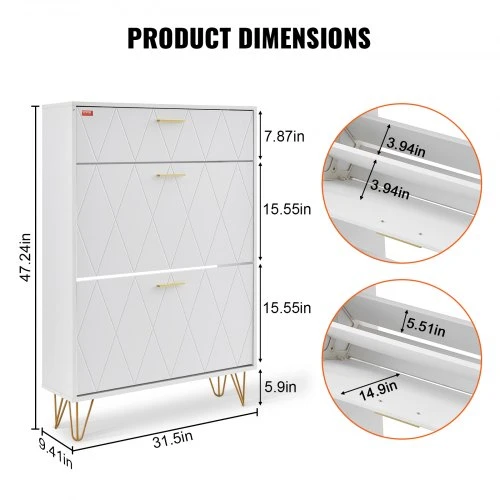Koduva VEVOR batų spintelė su 3 atverčiamais stalčiais, HZS004, 800 x 239 x 1200 mm