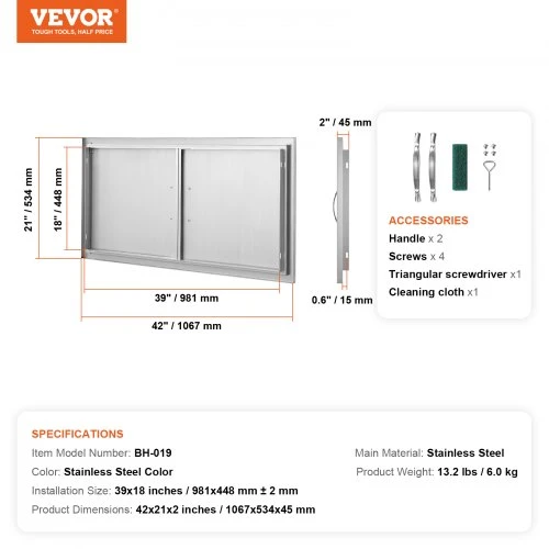 VEVOR BBQ prieigos durelės, 1067 x 534 mm dvigubos lauko virtuvės durelės, nerūdijančio plieno įleidžiamos