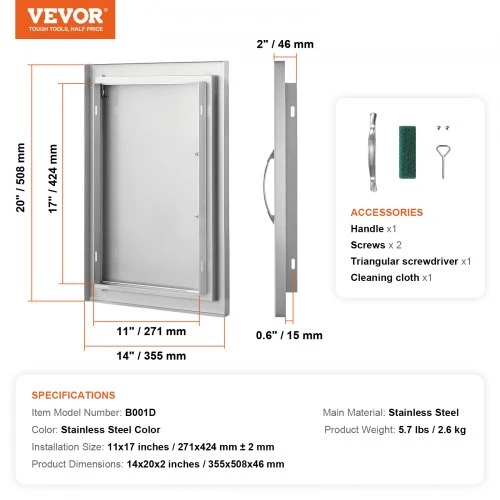 Koduva VEVOR BBQ prieigos durelės 355x508 mm, nerūdijančio plieno, įleidžiamos, su rankena