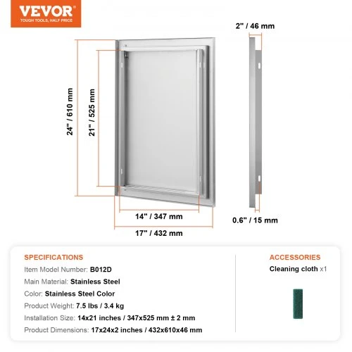 Koduva VEVOR BBQ prieigos durelės 432x610 mm, nerūdijančio plieno, įleidžiamos, su įleistine rankena