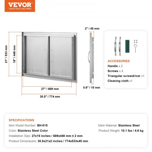 VEVOR BBQ prieigos durelės, 774 x 533 mm, dvigubos lauko virtuvės durelės iš nerūdijančio plieno