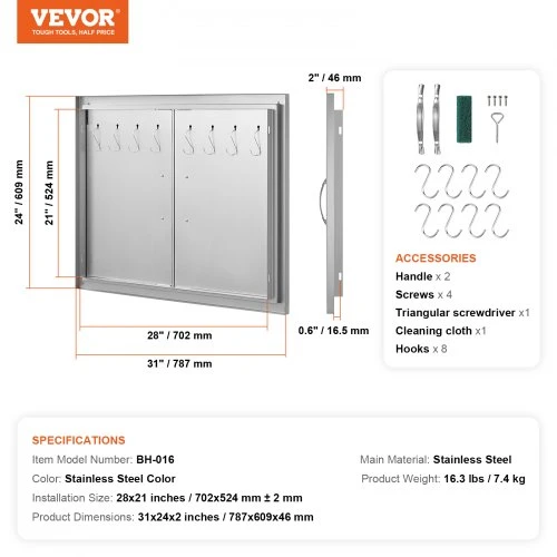 Koduva VEVOR BBQ prieigos durelės 787 x 609 mm, dvigubos lauko virtuvės durelės, nerūdijančio plieno įleidžiamos